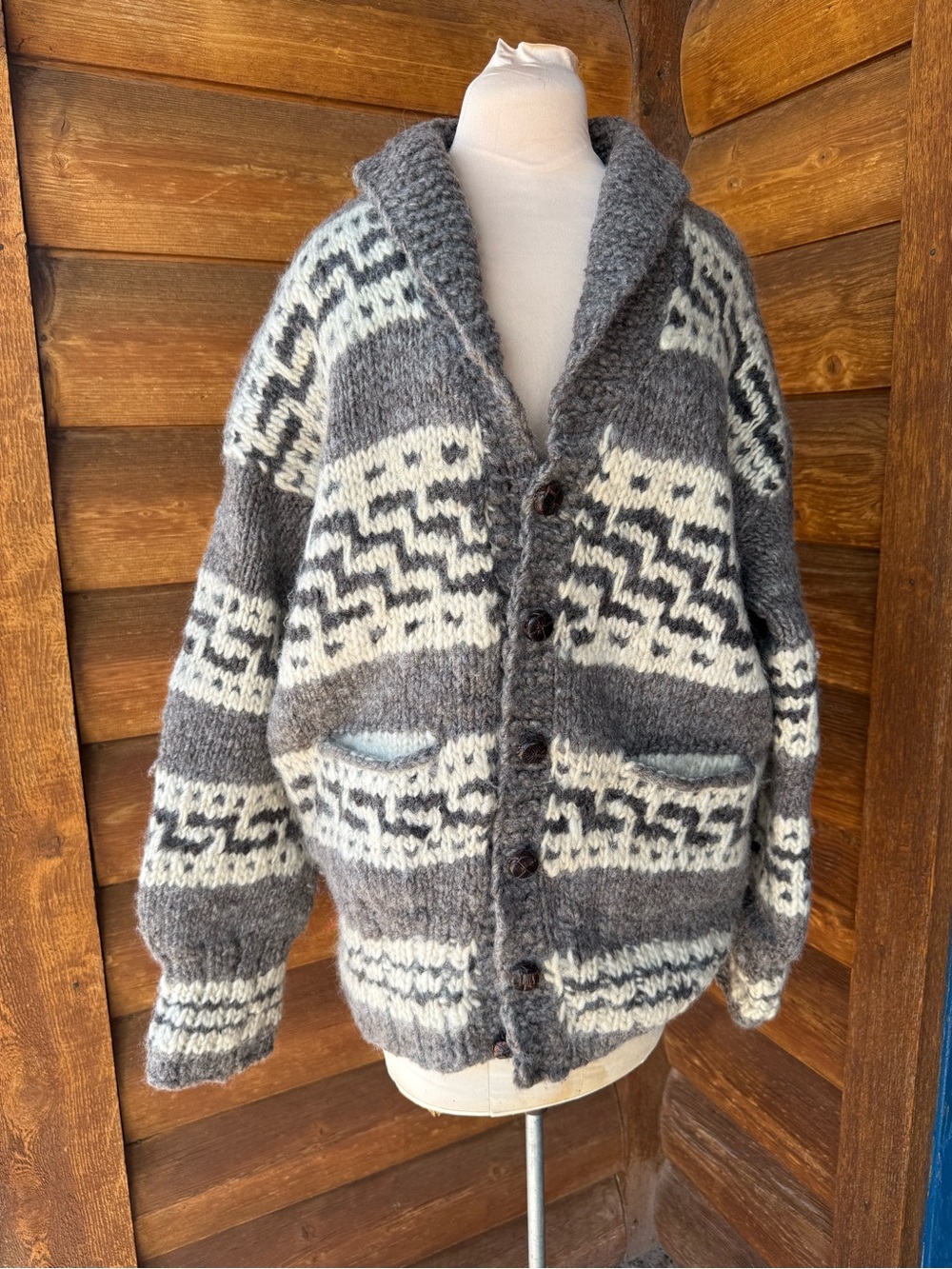 Shawl Collar Chunky Knit Sweater Cardigan Cowichan style.